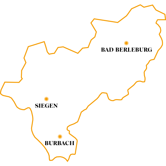 Schematische Darstellung vom Kreis Siegen-Wittgenstein, die Orte Siegen, Burbach und Bad Berleburg sind auf der Karte markiert.