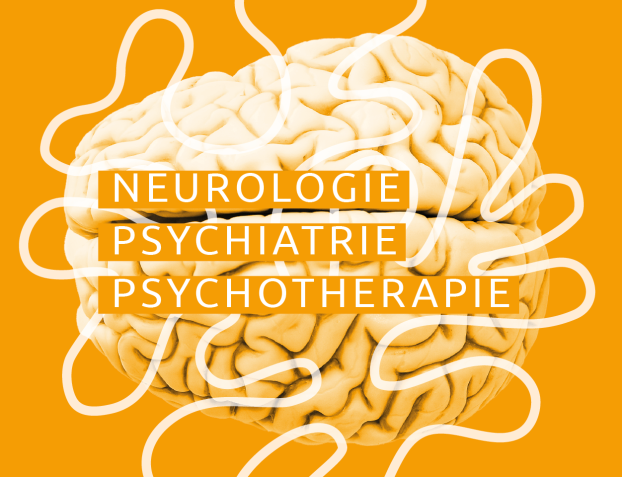 Das orange-farbene Keyvisual von NEURO Südwestfalen mit den Worten "Neurologie, Psychiatrie und Psychotherapie". Das Keyvisual zeigt ein grafisches Gehirn von oben mit einer stilisierten Darstellung von Gehirnwindungen.
