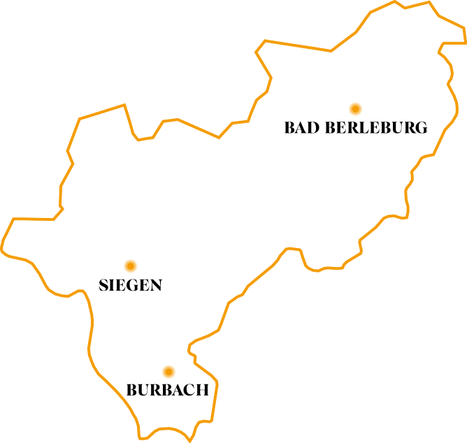 Schematische Darstellung vom Kreis Siegen-Wittgenstein, die Orte Siegen, Burbach und Bad Berleburg sind auf der Karte markiert.